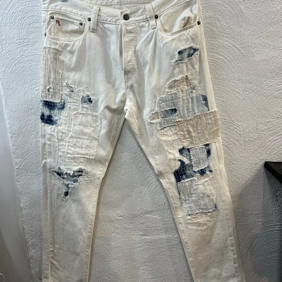 Polo Ralph Lauren Men's Distressed Repaired Patchwork White Jean Sz. 34 x 30 - Picture 1 of 7